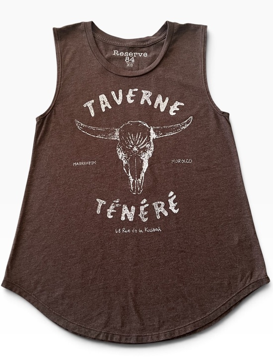 Reserve 84 Tops - Reserve 84 Brown Longhorn Morocco Graphic Muscle Tank Top XS Western Boho